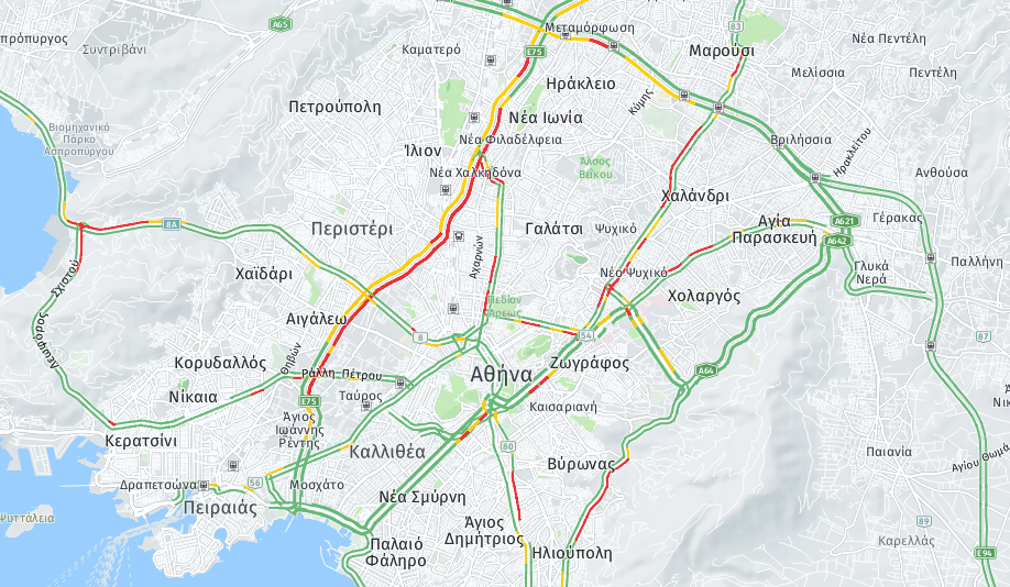 Ο Χάρτης με την κίνηση στους δρόμους λίγο μετά τις 08.00