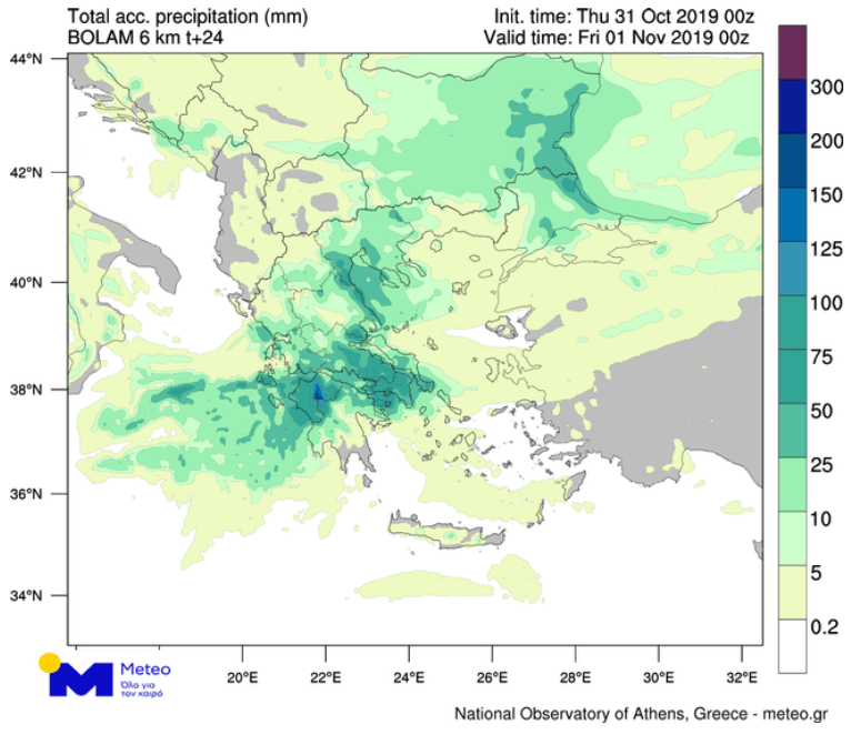 Ο χάρτης παρουσιάζει τον ολικό υετό (βροχή/χαλάζι/χιόνι) που αναμένεται έως το βράδυ της Πέμπτης 31/10