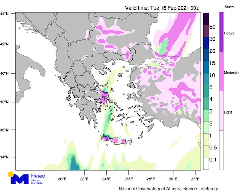 Το εκτιμώμενο ύψος υετού (μπλε αποχρώσεις βροχή/χιονόνερο και μωβ αποχρώσεις η ένταση των χιονοπτώσεων) για το διάστημα 05:00 – 08:00 της Δευτέρας 15/02 (πάνω) και 23:00 της Δευτέρας 15/02 – 02:00 της Τρίτης 16/02/2021, όπως υπολογίζεται από το αριθμητικό μοντέλο πρόγνωσης καιρού του Εθνικού Αστεροσκοπείου Αθηνών / Meteo.gr. 