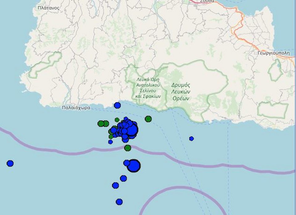 Χάρτης με σεισμούς στα Χανιά