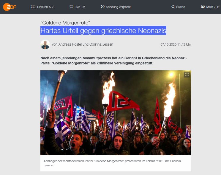 Το δημοσίευμα του ZDF στην ηλεκτρονική ιστοσελίδα του μέσου για την Χρυσή Αυγή