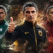 Σύνθεση φωτογραφιών με τον Λουτσέσκου να φοράει τα χρώματα Παναθηναϊκού, ΑΕΚ, Ολυμπιακού