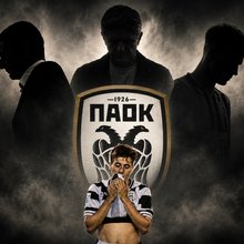 Φωτογραφική σύνθεση που απεικονίζει τις σκιές Ραζβάν Λουτσέσκου, Αριστοτέλη Μυστακίδη και Γιάννη Κωνσταντέλια να πλανώνται απειλητικά πάνω από το σήμα του ΠΑΟΚ