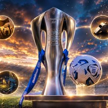 Εικαστική σύνθεση για το νέο πρωτάθλημα της Super League με το τρόπαιο και την μπάλα του πρωταθλήματος
