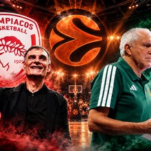 Ο Γιώργος Μπαρτζώκας με το τρόπαιο της Euroleague και ο Ζέλικο Ομπράντοβιτς με το πινακάκι του στην εκκίνηση για τη διεκδίκηση του ευρωπαϊκού στέμματος | ΦΩΤΟΓΡΑΦΙΕΣ: EUROKINISSI