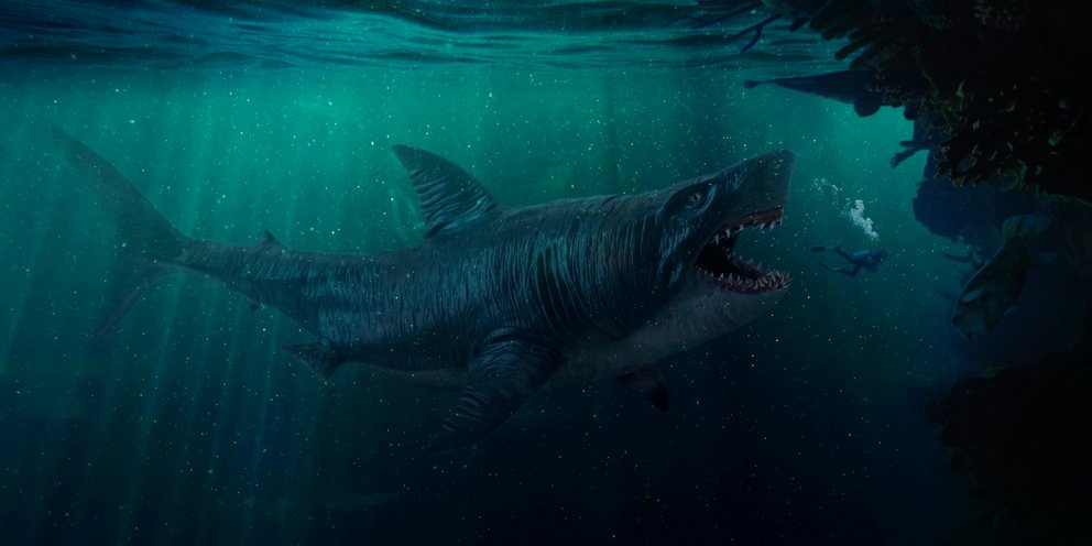 Απεικόνιση αρχαίου καρχαρία που προσπαθεί να καταπιεί δύτη