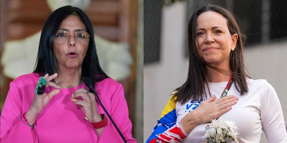 Η μεταβατική πρόεδρος της Βενεζουέλας, Ντέλσι Ροντρίγκες και η ηγέτιδα της αντιπολίτευσης Μαρία Κορίνα Ματσάδο