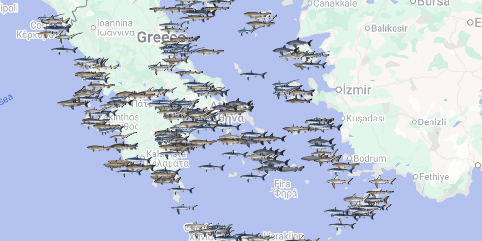 Xάρτης με τις θεάσεις καρχαριών στην Ελλάδα