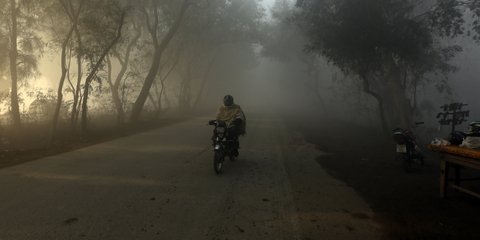 Τοπίο μέσα στην ομίχλη και μέσα σε αυτό πετάγεται ένας δικυκλιστής