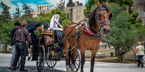 Αμαξάκι στη σκιά της Ακρόπολης παίρνει βόλτα τους πρώιμους τουρίστες