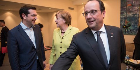 Αλέξης Τσίπρας, Άνγκελα Μέρκελ και Φρανσουά Ολάντ στη Σύνοδο Κορυφής τον Ιούλιο του 2015