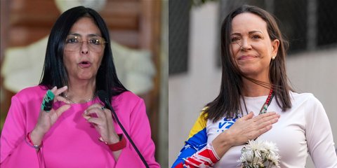 Η μεταβατική πρόεδρος της Βενεζουέλας, Ντέλσι Ροντρίγκες και η ηγέτιδα της αντιπολίτευσης Μαρία Κορίνα Ματσάδο