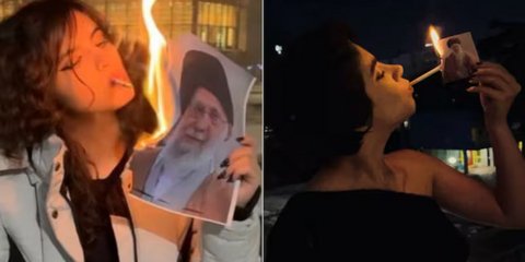 Γυναίκες στο Ιράν ανάβουν τσιγάρο από τη φλόγα φλεγόμενων φωτογραφιών του αγιατολάχ Αλί Χαμενεΐ
