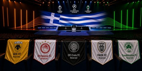 Η αίθουσα Grimaldi Forum του Μονακό και τα λάβαρα των πέντε ελληνικών ομάδων που θα μας εκπροσωπήσουν στα κύπελλα Ευρώπης