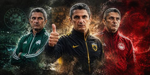 Σύνθεση φωτογραφιών με τον Λουτσέσκου να φοράει τα χρώματα Παναθηναϊκού, ΑΕΚ, Ολυμπιακού