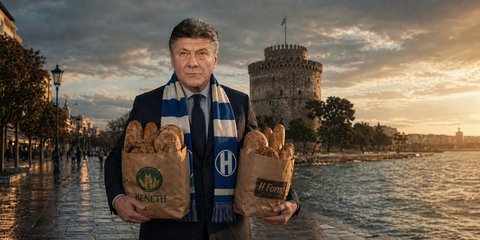 O Βάλτερ Ματσάρι με φόντο το Λευκό Πύργο και αρτοσκευάσματα στα χέρια