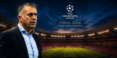 O Γιάννης Αναστασίου με φόντο την Puskas Arena που θα διεξαχθεί ο τελικός του Champions League ανάμεσα σε Άρσεναλ και Παρί Σεν Ζερμέν