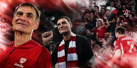 Φωτογραφική σύνθεση του Γιώργου Μπαρτζώκα με το κασκόλ του Ολυμπιακού και τους πανηγυρισμούς του στον τελικό του Conference League