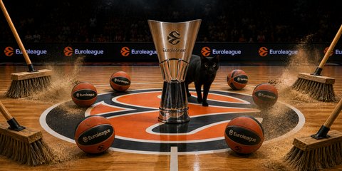 Το τρόπαιο της Euroleague με μια μαύρη γάτα και τέσσερις σκούπες με μπάλες της διοργάνωσης