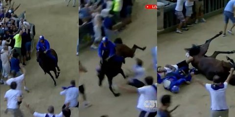 H στιγμή που το άλογο σωριάζεται στο έδαφος στην ιπποδρομία Palio di Siena 