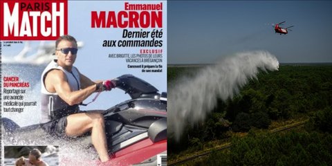 Το εξώφυλλο του Paris Match με τον Γάλλο πρόεδρο Εμανουέλ Μακρόν να κάνει τζετ σκι εν μέσω πυρκαγιών και καύσωνα στη Γαλλία