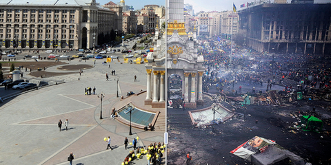 Aυτή η φωτογραφία βρίσκεται στα ΜΜΕ όλου του πλανήτη. Η πλατεία Ανεξαρτησίας του Κιέβου, στην Ουκρανία, τότε και σήμερα. Σήμερα η φωτογραφία φιλοξενείται στην Wall Street Journal.