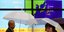 κάτοικοι του Τόκιο με ομπρέλες μπροστά από χάρτη που δείχνει τυφώνα
