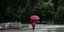 Γυναίκα περπατά σε πάρκο κρατώντας ομπρέλα