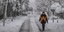 Πολίτης περπατά σε χιονισμένο τοπίο