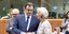 Ο πρόεδρος του Eurogroup, Κυριάκος Πιερρακάκης, αριστερά, συνομιλεί με την πρόεδρο της Ευρωπαϊκής Κεντρικής Τράπεζας (ΕΚΤ), Κριστίν Λαγκάρντ, κατά τη διάρκεια στρογγυλής τραπέζης των υπουργών Οικονομικών της Ευρωζώνης