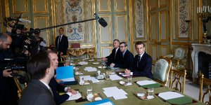 Ο Εμανουέλ Μακρόν (Φωτογραφία: Stephane Mahe/ Pool Photo via AP)