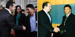 Ο Αλέξης Τσίπρας κάνει χειραψία με τον Αλέξη Τσίπρα στις 8 Απριλίου 2019. Ο Κώστας Καραμανλής σε χειραψία με τον Παϊτέρη το 2004