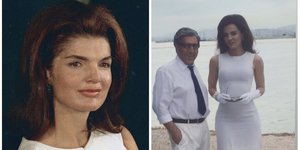 Η Τζάκι Κένεντι με λευκό φόρεμα από αριστερά και Σταμάτης Φασουλής με Δήμητρα Ματσούκα στα δεξιά