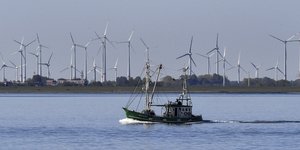 Καΐκι περνά μπροστά από ανεμογεννήτριες