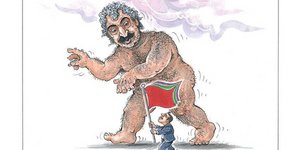 Σκίτσο με τον Πολάκη γυμνό με τον Αλέξη Τσίπρα να κρατά τη σημαία του ΣΥΡΙΖΑ