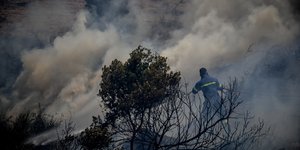 Πυροσβέστης σβήνει φωτιά σε δασική έκταση