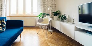 Καρέκλα, φωτιστικό, φυτό, τηλεόραση, μπλε καναπές, κουρτίνες σε σαλόνι σπιτιού