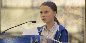 Η Γκρέτα Τούνμπεργκ με μπλε ζακέτα