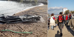 Ξεφούσκωτη βάρκα σε ακτή της Λέσβου. Λίγο νωρίτερα είχε αποβιβαστεί άλλη μία ομάδα μεταναστών