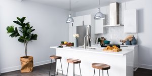 Λευκός πάγκος κουζίνας και φυτό στο πλάι 