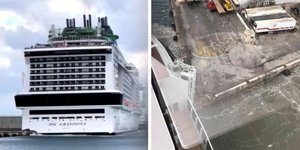 H στιγμή που το κρουαζιερόπλοιο MSC Grandiosa πέφτει στην προβλήτα