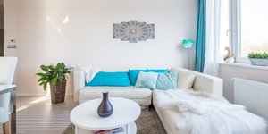 Σαλόνι διαμερίσματος με λευκούς καναπέδες, λευκό τραπεζάκι, φυτό