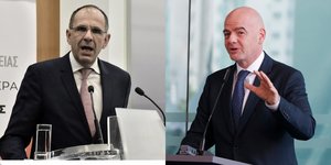 Ο υπουργός Επικρατείας Γιώργος Γεραπετρίτης και ο πρόεδρος της FIFA Τζάνι Ινφαντίνο