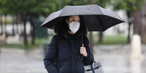 Γυναίκα με μάσκα, ομπρέλα και μπουφάν