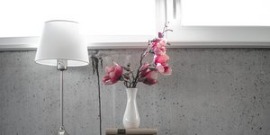 Bάζο με λουλούδια, φωτιστικό, βιβλία 