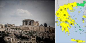 Καιρός: Aριστερά η Ακρόπολη με συννεφιά, δεξιά ο χάρτης του ΜΕΤΕΟΑΛΑΡΜ