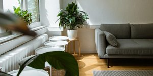 Σαλόνι με καναπέ γκι και φως από το παράθυρπ