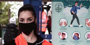 Γυναίκα με μάσκα πραγματοποιεί ελέγχους θερμομέτρησης για τον κορωνοϊό