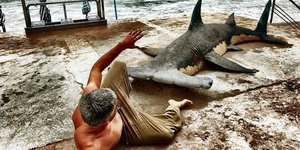 Ανδρας στην άμμο με καρχαρία 