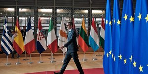 Ο Μητσοτάκης περπατάει δίπλα από τις σημαίες της ΕΕ
